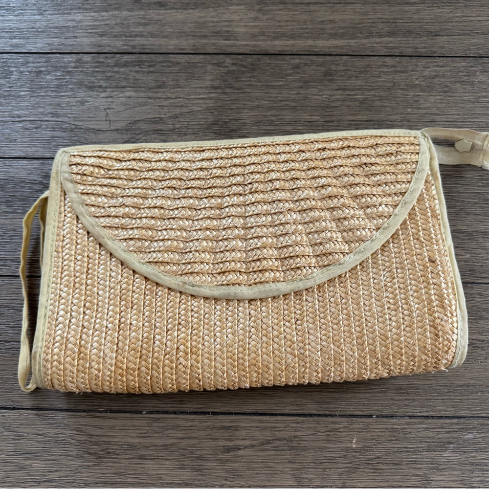Woven Straw Clutch with Tan Trim